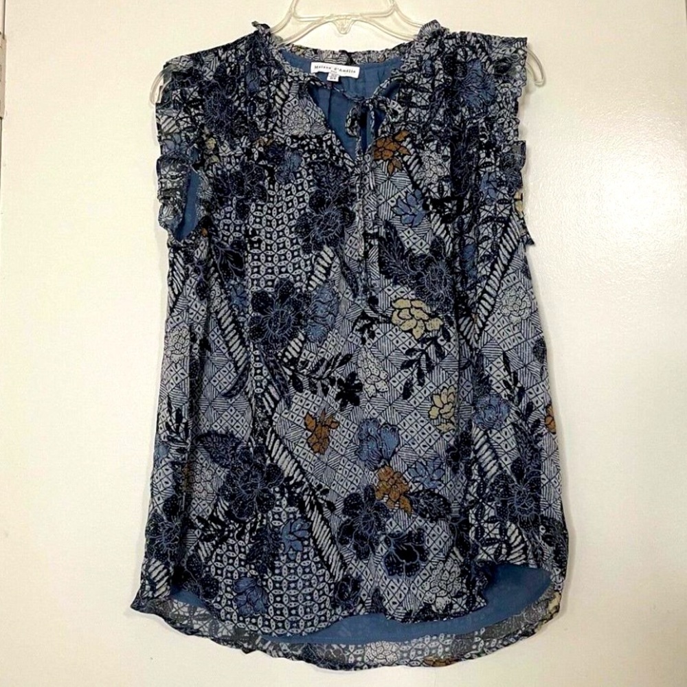 ANTHROPOLOGIE maison d'amelie Blue floral chiffon sleeveless blouse top Medium